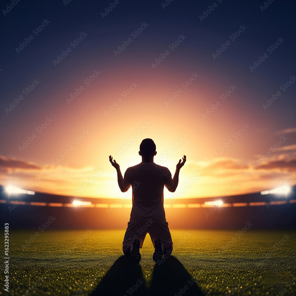Fototapeta premium Inspiring Athlete Silhouette Praying at Sunset Stadium - Powerful Art