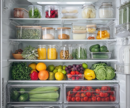 Wallpaper Mural open refrigerator with neatly organized fresh fruits, vegetables and containers  Torontodigital.ca
