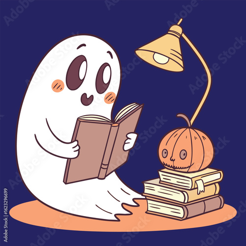 Cute ghost character happily reading a book suitable for halloween or children s educational themes
