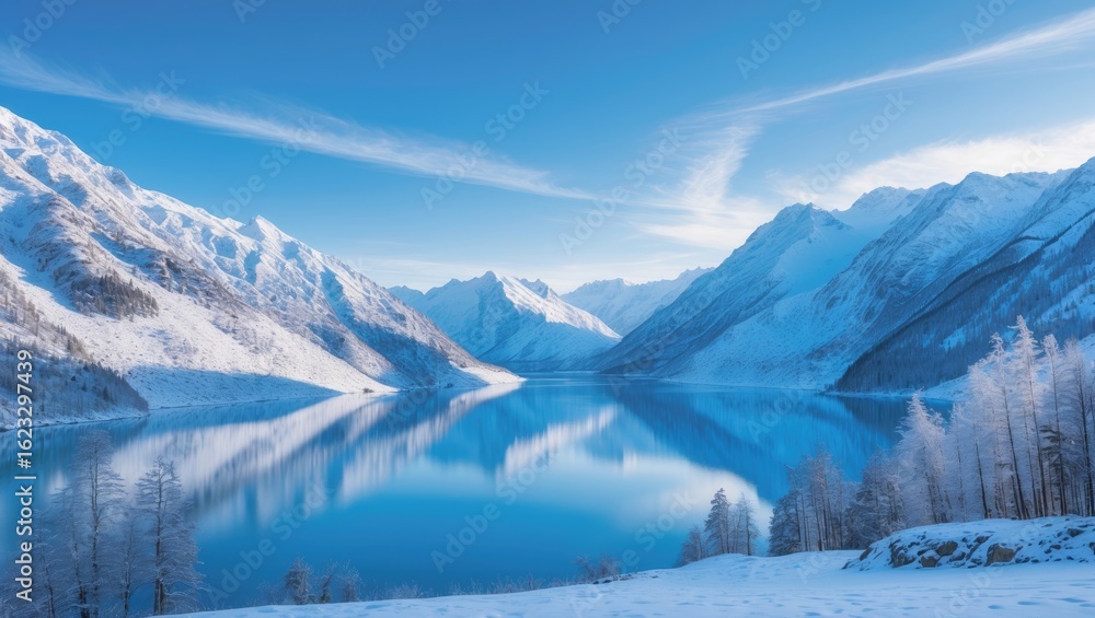 custom made wallpaper toronto digitalSnow-covered mountains beside a calm lake reflecting the peaks and clear blue sky.