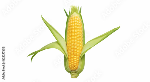 Fresh corn on the cob with green husk isolated on white background vector illustration.