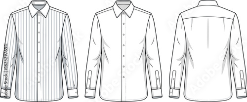 Men’s dress shirt technical illustration, front and back design, collar detail, striped and plain style, garment construction, fashion sketch