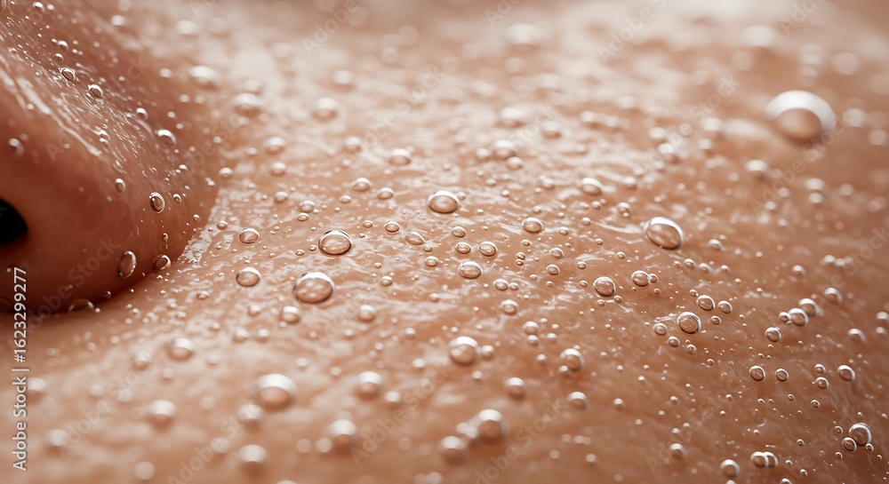 Fototapeta premium Close-up of skin glistening with numerous water droplets, highlighting texture and moisture.