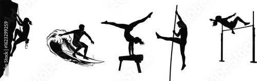 Silhouette vector illustration of five athletes in action — climbing, surfing, gymnastics, pole vaulting, high jumping, sports motion art