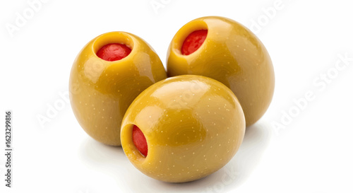 Three green pimento stuffed olives isolated on a white background, a vector illustration
