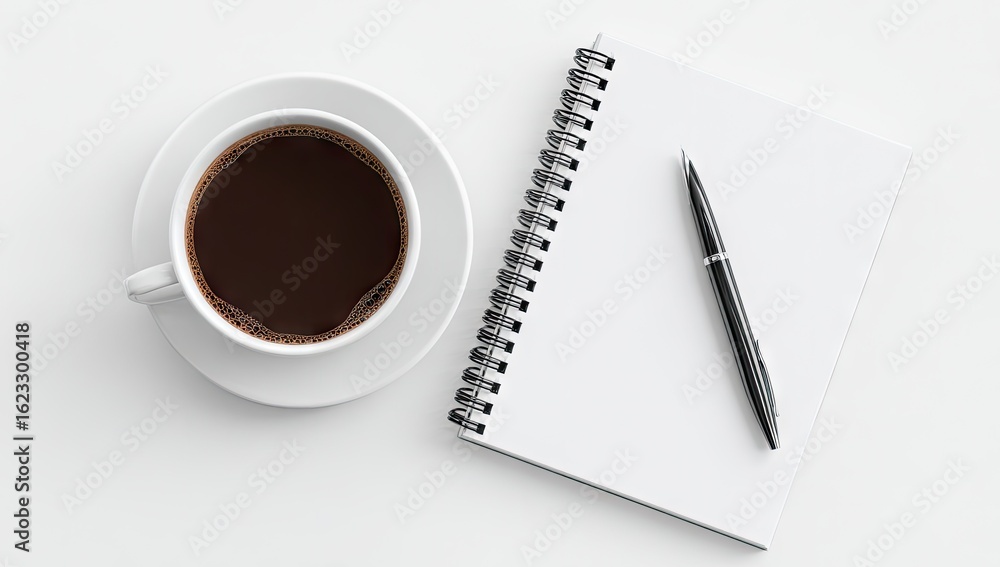 Coffee, notebook, and pen on a white surface Coffee, notebook, and pen on a white surface