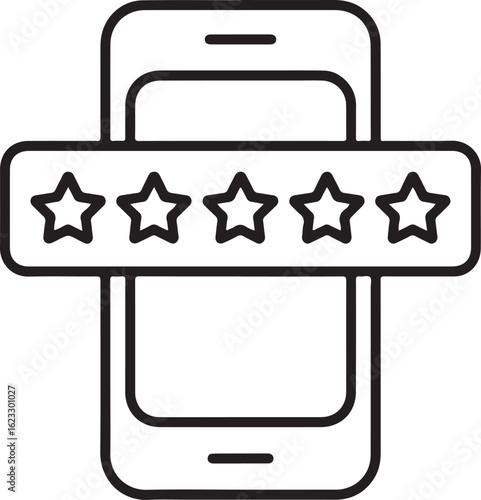 Mobile phone with five star rating icon representing customer feedback and reviews
