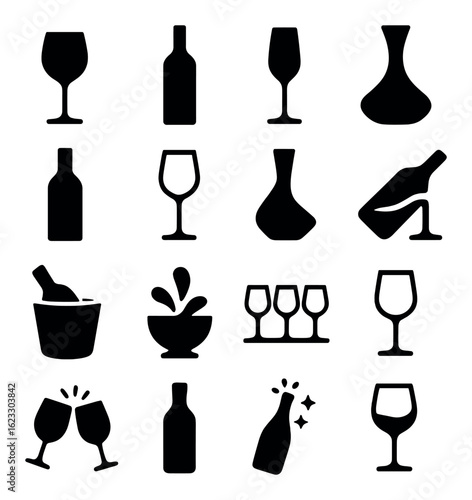 Black wine icons set: glass, bottle, decanter, cheers, party elements on gray