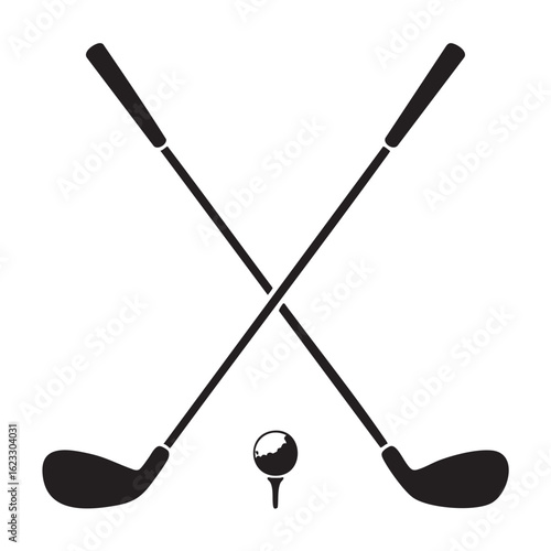 Black silhouette of two crossed golf clubs and a golf ball on a tee sport
