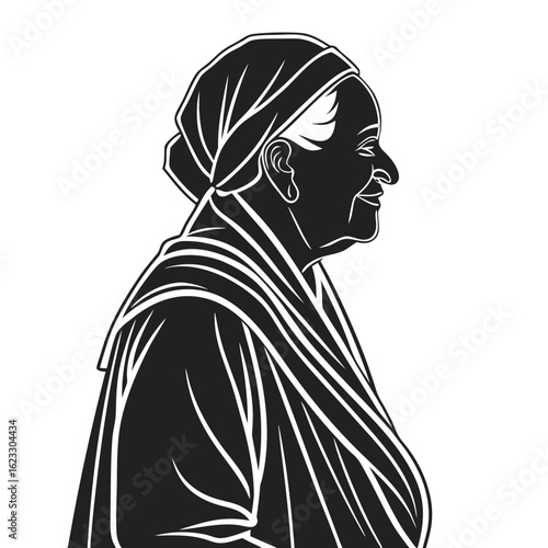 Isolated Black Silhouette of Grandmother on White Background