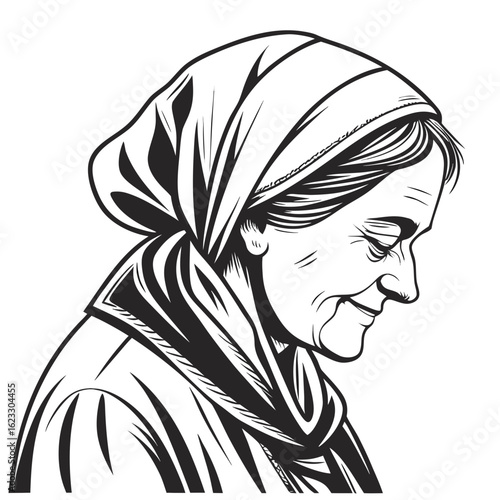 Isolated Black Silhouette of Grandmother on White Background