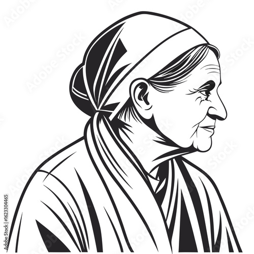 Isolated Black Silhouette of Grandmother on White Background