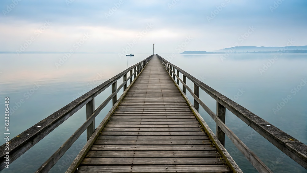 Serene View of a Wooden Pier Leading to Calm Waters Under a Cloudy Sky in Nature. Serene View of a Wooden Pier Leading to Calm Waters Under a Cloudy Sky in Nature.
