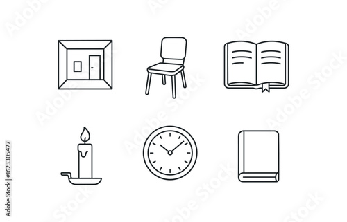 simple outline stroke icon items lighthouse keeper (isolation): quiet room single chair diary candle clock long shadow monoline icons style isolated on white background