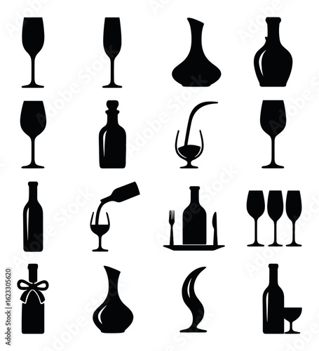 Set of silhouette icons of wine glasses, bottles, and decanters on olive background
