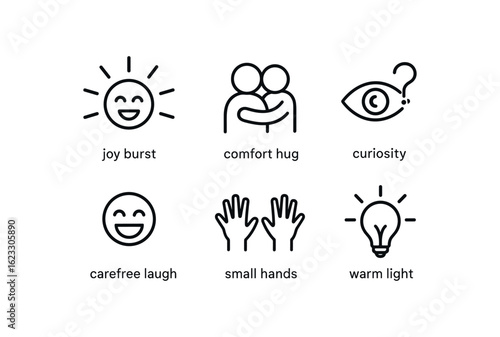 simple outline stroke icon items childhood memory (feelings): joy burst comfort hug curiosity eye carefree laugh small hands warm light monoline icons style isolated on white background