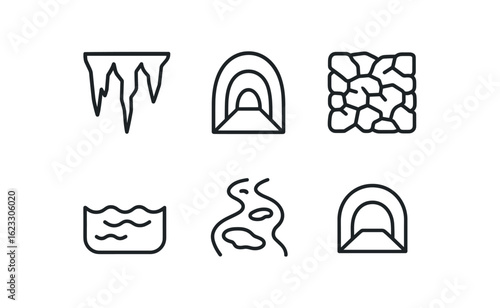 simple outline stroke icon items cave explorer (terrain): stalactite narrow tunnel rock underground lake muddy path crawlway monoline icons style isolated on white background