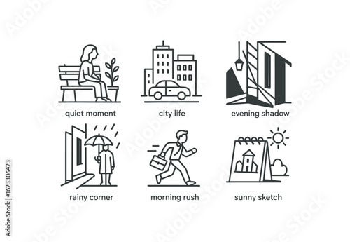 simple outline stroke icon items urban sketching (mood): quiet moment city life evening shadow rainy corner morning rush sunny sketch monoline icons style isolated on white background