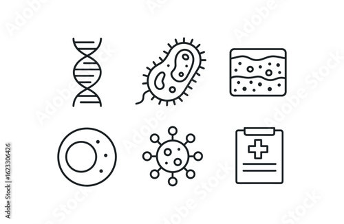 simple outline stroke icon items medical researcher (study area): DNA simple outline stroke icon itemsand bacteria model tissue sample cell diagram virus icon medical chart monoline icons