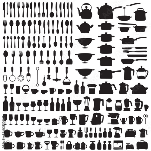 Collection of black kitchenware and tableware silhouettes cutlery knives