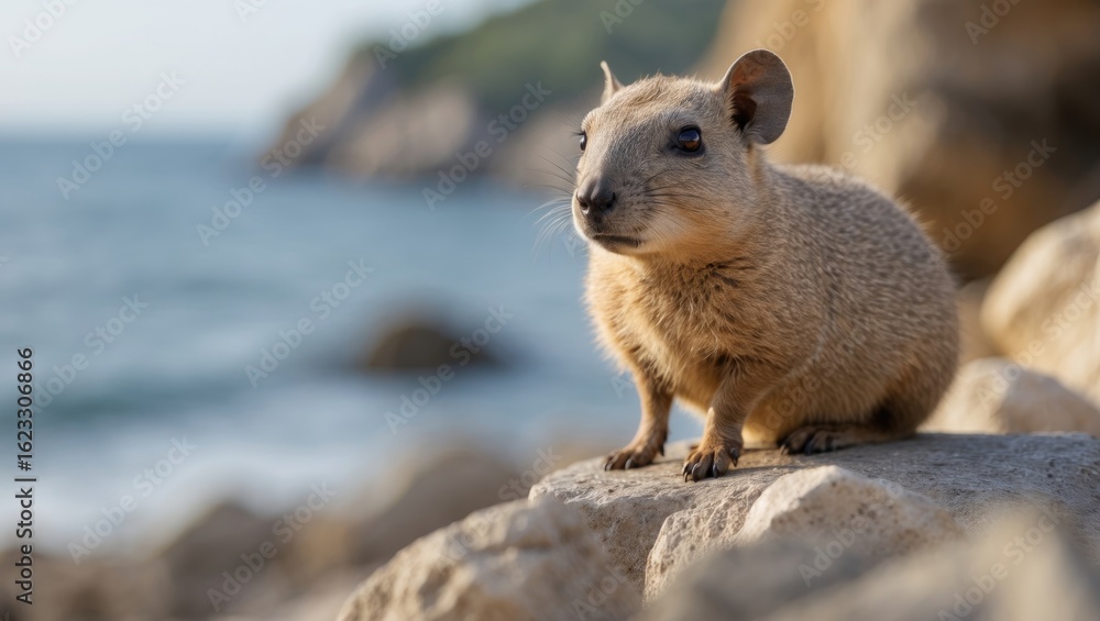Naklejka premium A close-up of a small rodent on rocks near the ocean with a blurred coastline in the background.
