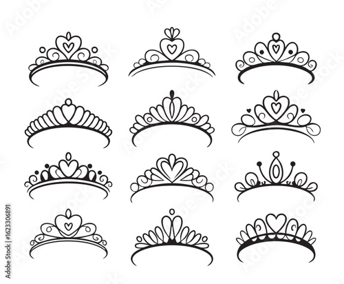 Collection of twelve black and white decorative tiaras and crowns with heart shapes princess queen