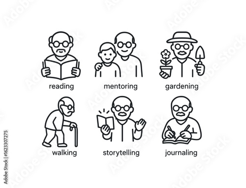 simple outline stroke icon items retired teacher (activities): reading mentoring gardening walking storytelling journaling monoline icons style isolated on white background