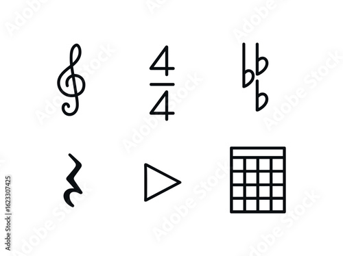 simple outline stroke icon items musical composition (symbols): treble clef time signature key change rest note crescendo chord grid monoline icons style isolated on white background