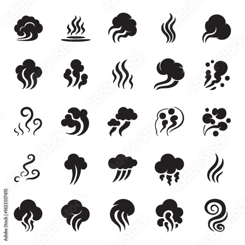 Collection of twenty monochrome silhouette icons representing steam and smoke vapor fume