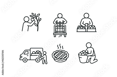 simple outline stroke icon items autumn harvest (activities): picking fruit pressing cider sorting produce loading truck baking pie gathering monoline icons style isolated on white