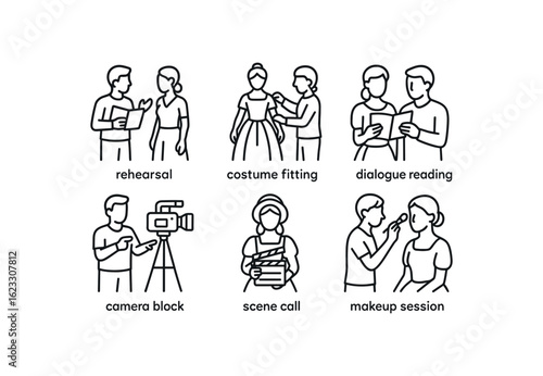 simple outline stroke icon items period drama set (activities): rehearsal costume fitting dialogue reading camera scene call makeup session monoline icons style isolated on white background