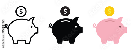 Piggy Bank with Dollar Coin Icon Set – Finance and Money Saving Vector Illustrations in Line, Solid, and Flat Style