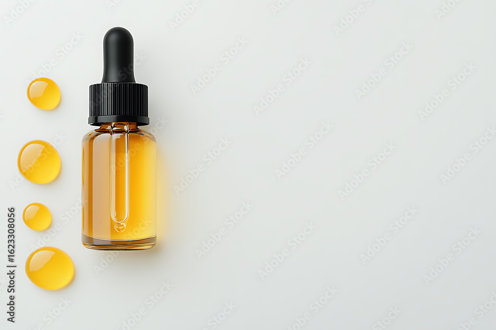 Serum Bottle with Dropper: A close-up shot of a bottle and dropper filled with clear gold serum, alongside four serum droplets on a white surface. Serum Bottle with Dropper: A close-up shot of a bottle and dropper filled with clear gold serum, alongside four serum droplets on a white surface.