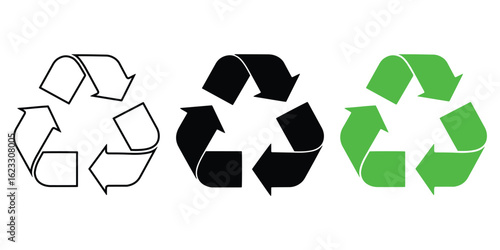 Recycle Symbol Icon Set – Green, Black, and Outline Recycling Arrows Vector for Environmental Conservation and Sustainability Clipart