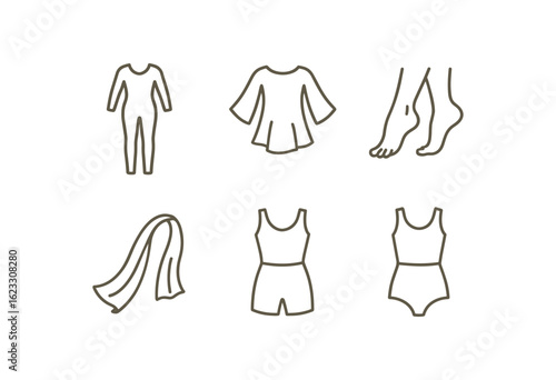 simple outline stroke icon items modern dance performance (costumes): unitard flowy top bare feet fabric sash minimalist outfit neutral tones monoline icons style isolated on white