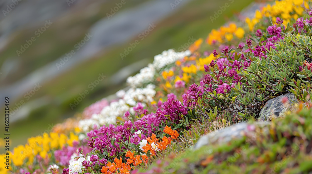 Obraz premium Colorful flowers bloom in vibrant landscape, showcasing variety of hues and textures in nature beauty