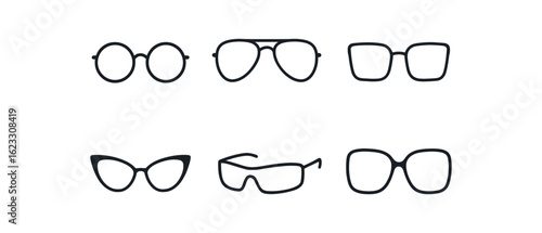 simple outline stroke icon items sunglasses lens (shapes): round aviator cat eye wraparound oversized monoline icons style isolated on white background