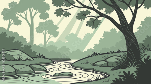 Serene forest pool with gentle eddy swirl and natural elements