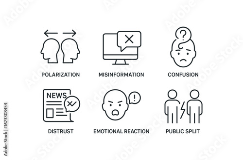 simple outline stroke icon items media bias (effects): polarization misinformation confusion di simple outline stroke icon itemsust emotional reaction public split monoline icons style