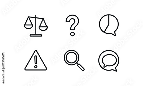 simple outline stroke icon items media bias (symbols): slanted scale question mark half truth red alert magnifying glass echo bubble monoline icons style isolated on white background