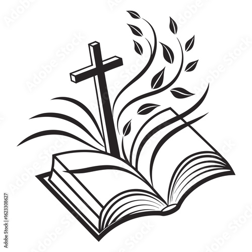 "Minimalist Christian Cross Rising from Open Bible – Symbol of Faith, Scripture, and Spiritual Growth"