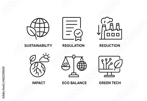 simple outline stroke icon items pollution control (concepts): sustainability regulation reduction impact eco balance green tech monoline icons style isolated on white background