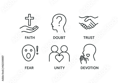 simple outline stroke icon items belief system (emotions): faith doubt trust fear unity devotion monoline icons style isolated on white background