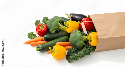 Fresh organic vegetables spilling from a paper bag, a healthy food vector illustration.