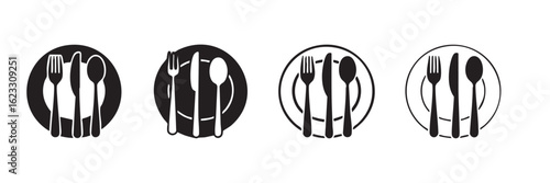 Four black and white minimalist icons of cutlery on plates fork knife