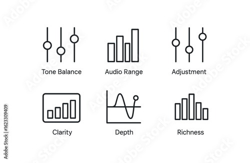 simple outline stroke icon items audio equalizer (concepts): tone balance audio range adjustment clarity depth richness monoline icons style isolated on white background