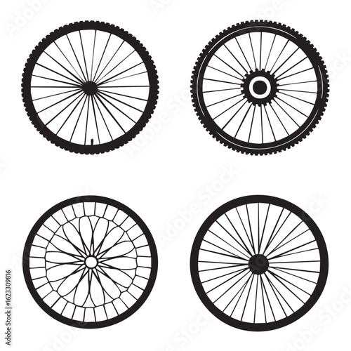 Four Black Bicycle Wheels With Different Spoke Designs bike wheel spokes