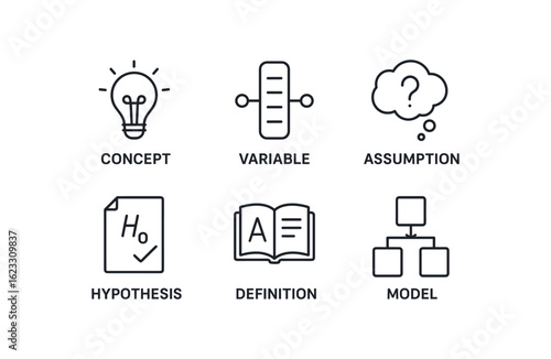 simple outline stroke icon items conceptual framework (elements): concept assumption hypothesis definition model monoline icons style isolated on white background