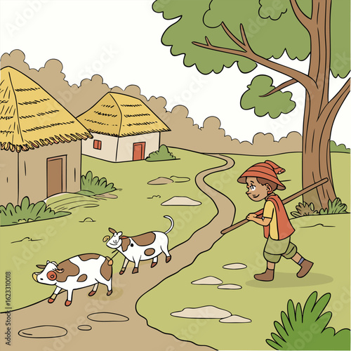 Happy young shepherd boy herding two playful calves along a rural path, idyllic countryside cartoon illustration.