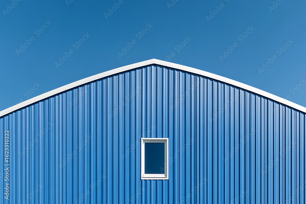 Obraz premium Minimalist architecture: Blue corrugated metal building with a single window, set against a clear blue sky. Clean lines, simple design.